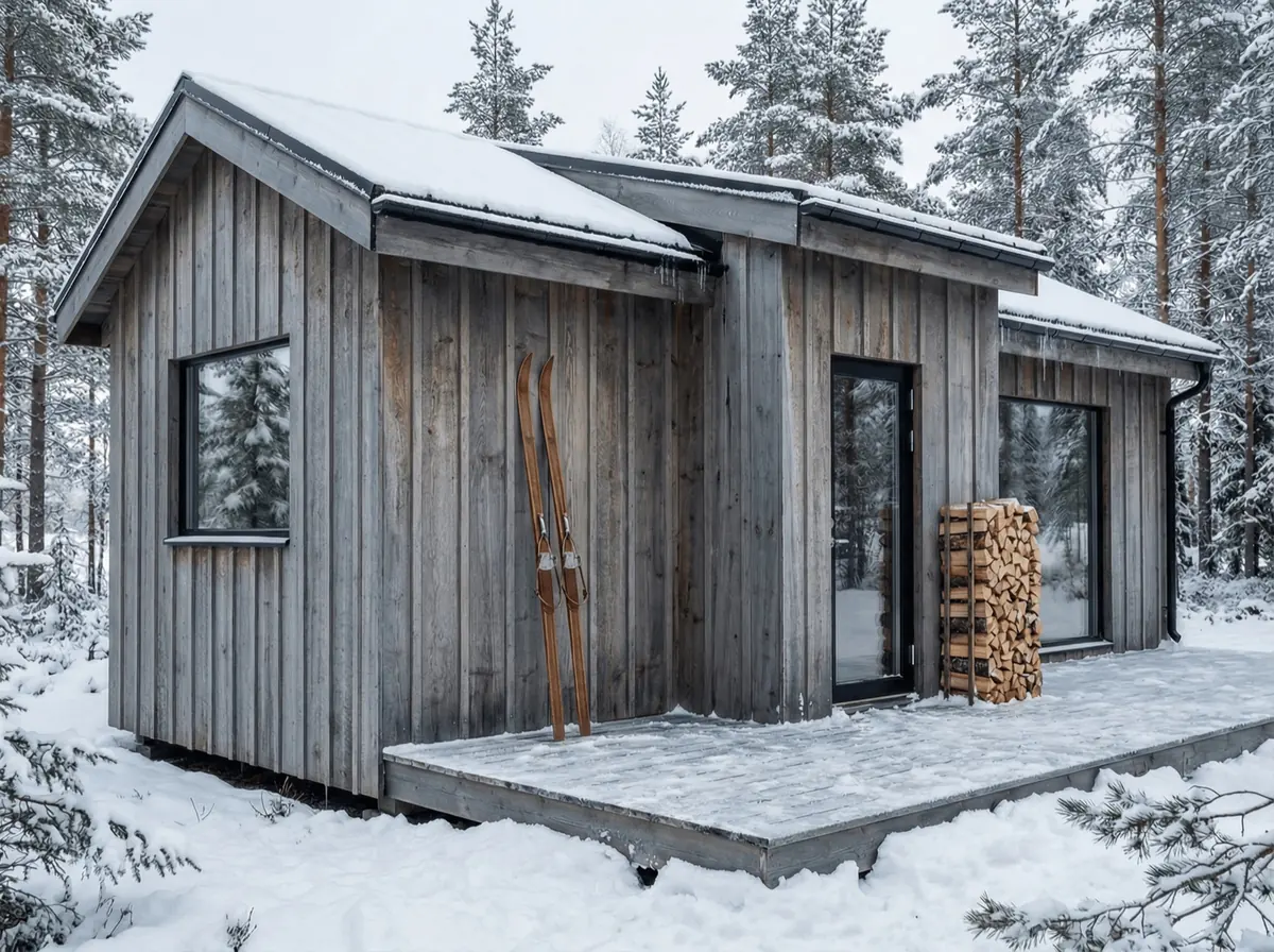 Visualisering: Fjällbo 30 i snön, med skidor och ved vid entrén