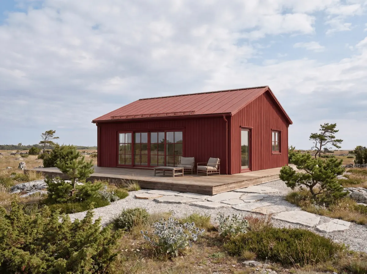 Visualisering: rött trähus med sadeltak från Fårö-serien i dagsljus
