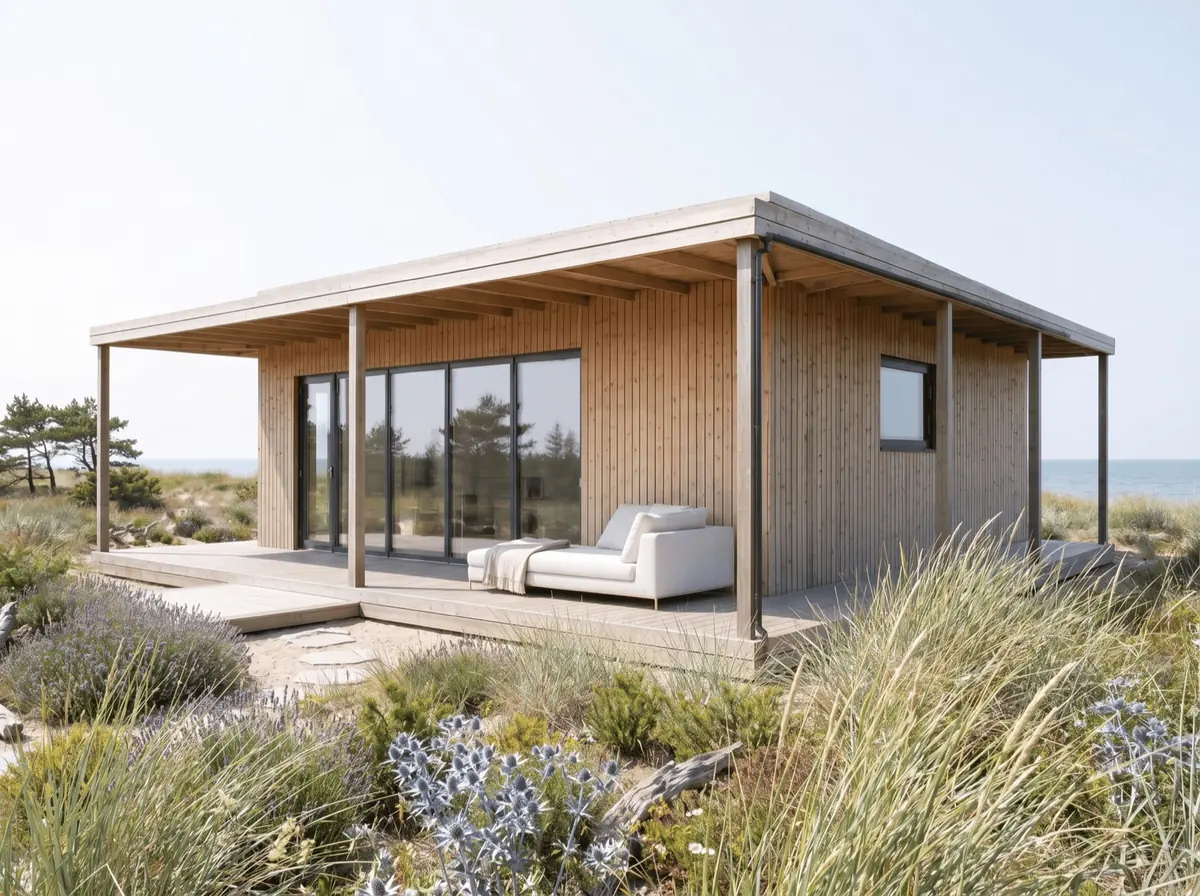 Visualisering: Tofta – fritidshus i ljust trä med pergola runt huskroppen och stora glaspartier