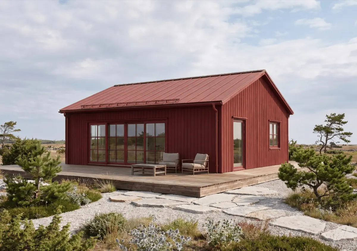Visualisering: Fårö 74 i röd kulör med altan