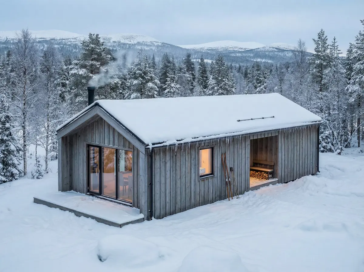 Visualisering: Fjällbo 70, ett grått trähus med snötäckt tak och rök ur skorstenen i skogen