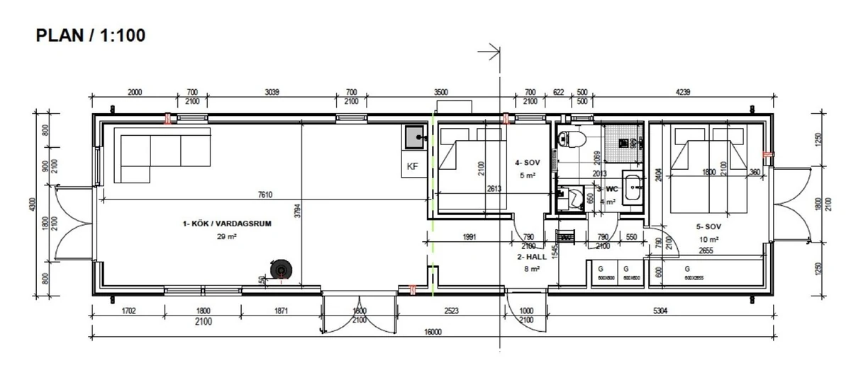 Planritning för Burgsvik 67: kök och vardagsrum, två sovrum, WC och hall på 16 × 4,3 meter