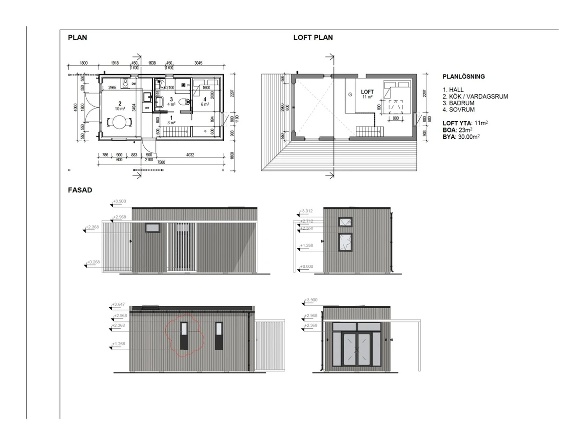 Planritning och fasader för Noah 30 med hall, kök och vardagsrum, badrum, sovrum och loft