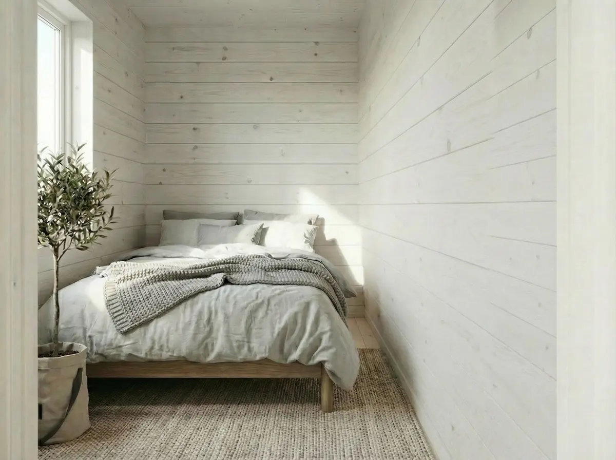 Visualisering: sovrum med ljus träpanel i Fjällbo 30