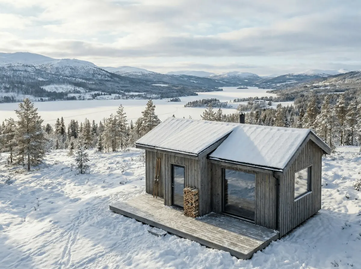 Visualisering: Fjällbo 30 ovanifrån i snön, med fjäll och sjö i bakgrunden