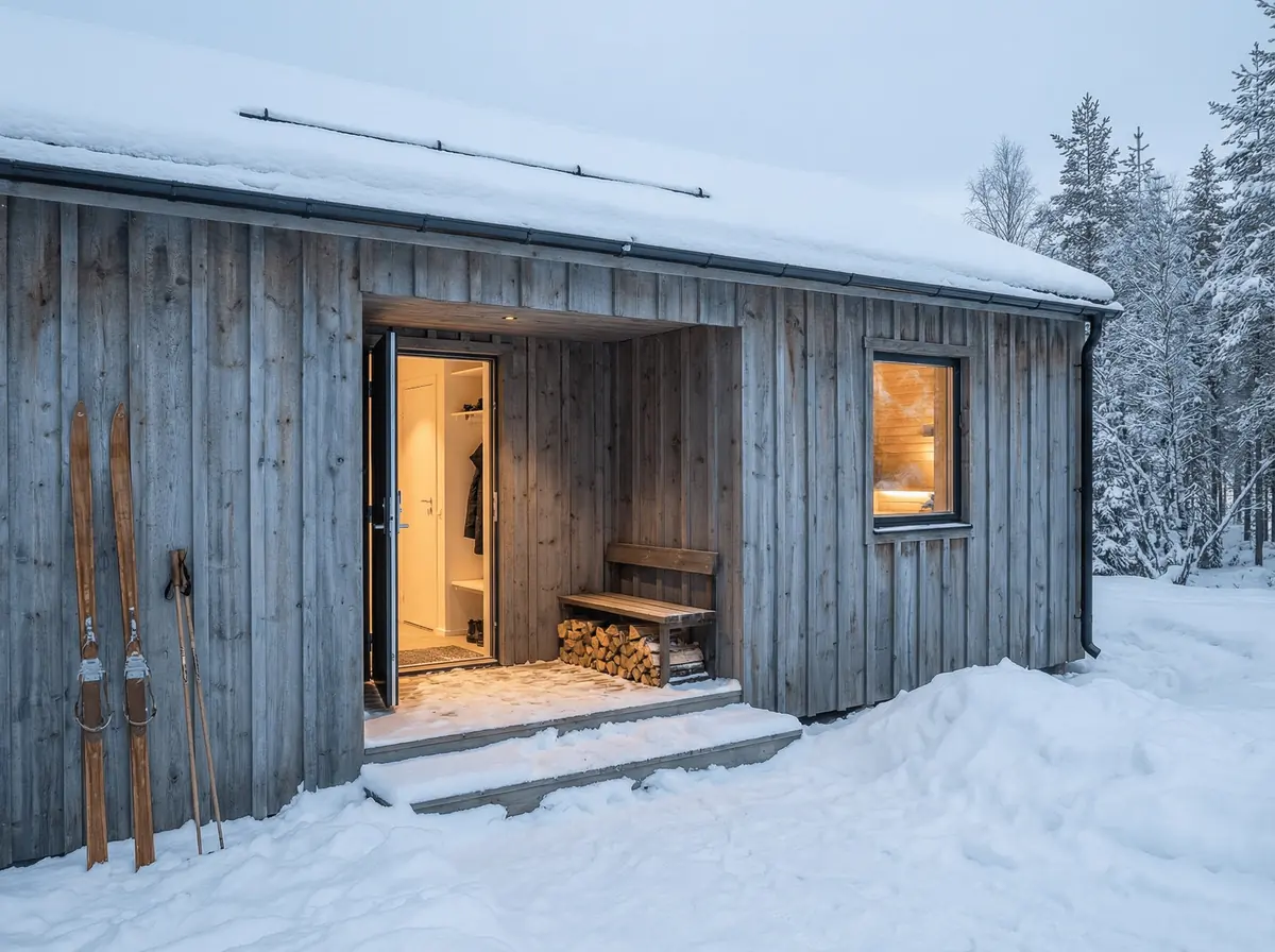Visualisering: den skyddade entrén på Fjällbo 70 med ved och skidor