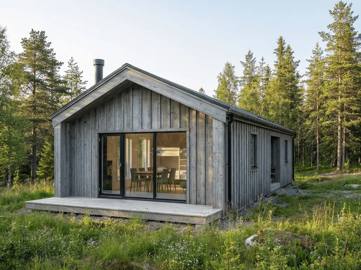 Visualisering: Fjällbo 70 en sommardag med grönska runt huset