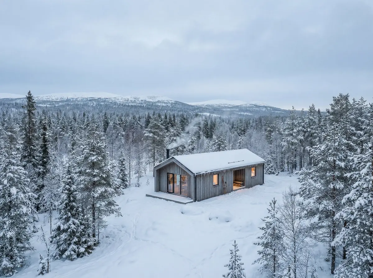 Visualisering: Fjällbo 70 i ett vidsträckt snölandskap med skog och fjäll