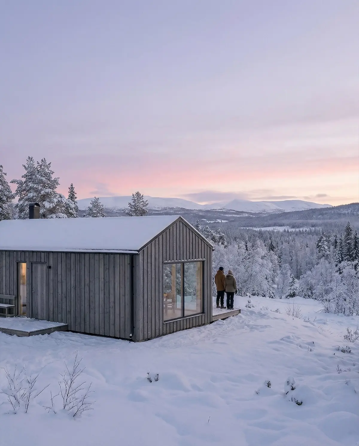 Visualisering: Fjällbo 90 i rosa skymningsljus med tänt fönster, två personer på altanen och fjällen i fonden
