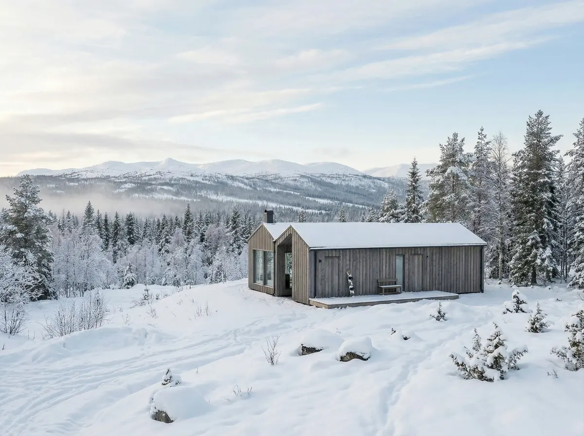 Visualisering: Fjällbo 90 i ett vidsträckt vinterlandskap