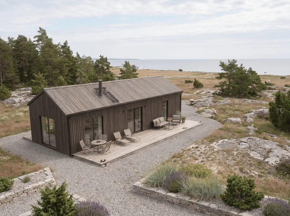 Visualisering: Burgsvik 67 sett snett ovanifrån på en tomt med tallar och kalksten