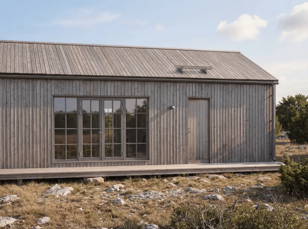 Visualisering: långsidan på Fårö 50 med spröjsade glaspartier och entrédörr