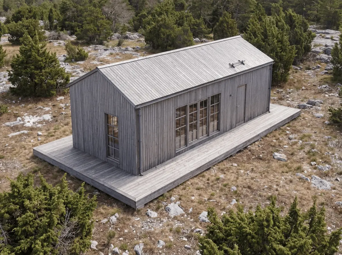 Visualisering: Fårö 50 sett ovanifrån på sitt trädäck bland enbuskar