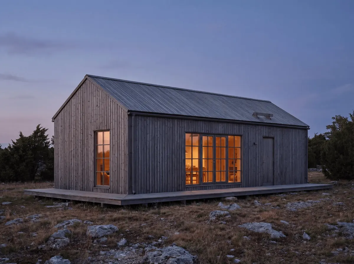 Visualisering: Fårö 50 i skymningen med ljuset tänt inne