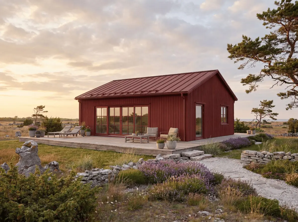 Visualisering: Fårö 74 i röd kulör i kvällssol bland tallar