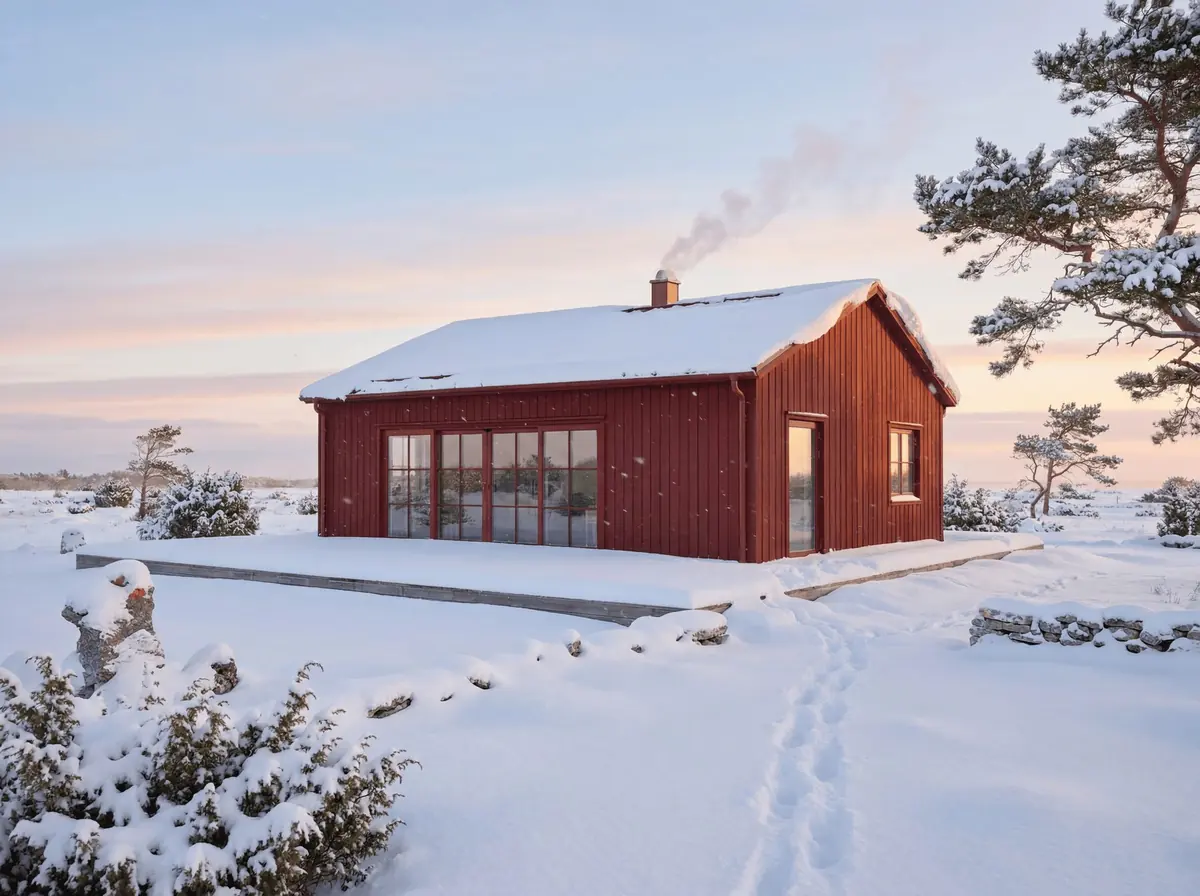 Visualisering: Fårö 74 i röd kulör en snöig vintermorgon