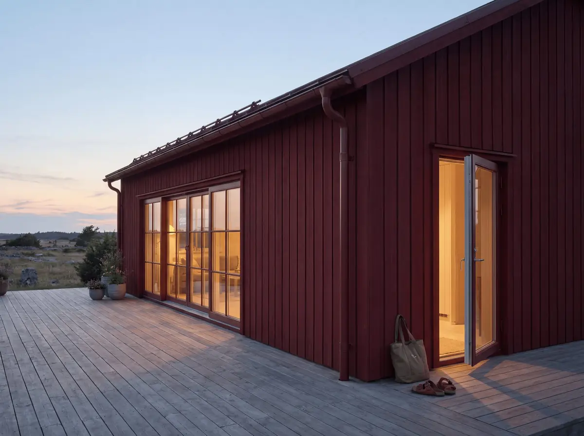 Visualisering: hörnet på Fårö 74 i skymning med ljus i fönstren