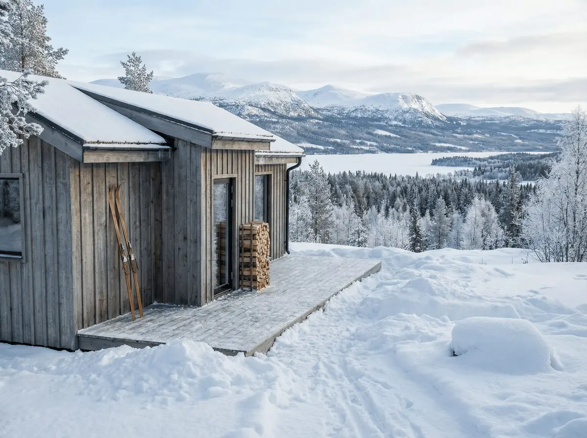 Visualisering: Fjällbo 30 med snötäckt tak och fjällutsikt