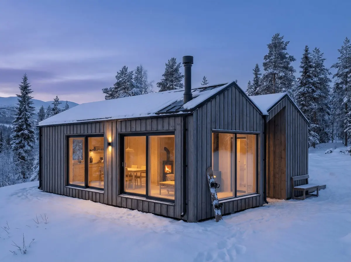 Visualisering: Fjällbo 90 i skymning med varmt ljus i fönstren