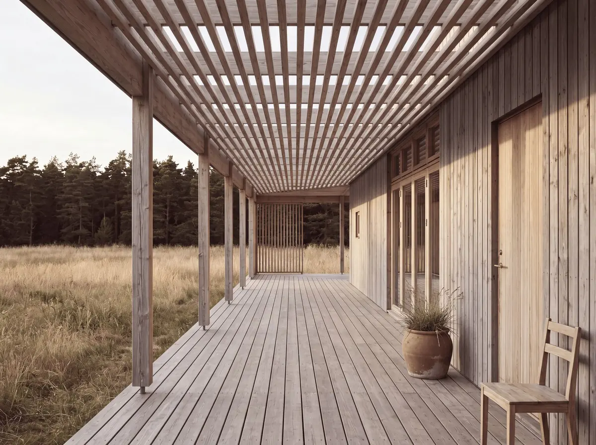 Visualisering: verandan under pergolan längs Nära Naturen 50, med trädäck och en stol vid väggen