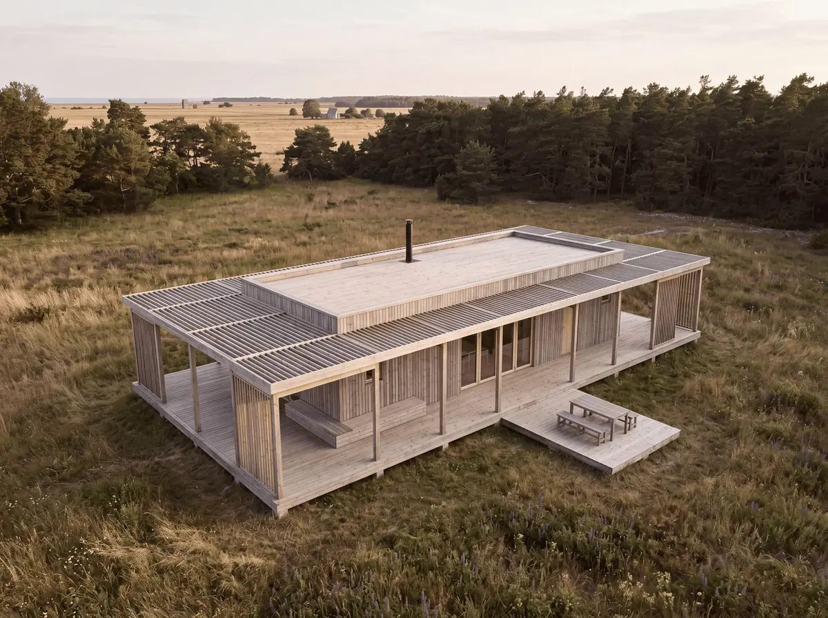 Visualisering: Nära Naturen 50 ovanifrån, med pergolan runt huset och uteplatsen framför