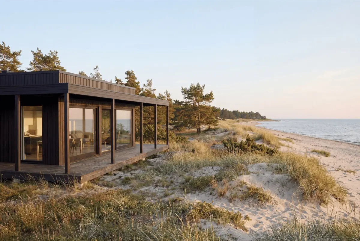 Visualisering: Tofta 50 snett framifrån med pergola runt hela huskroppen