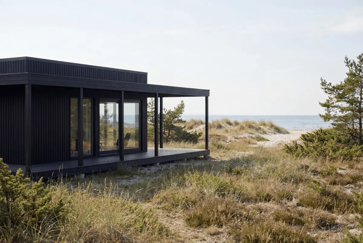 Visualisering: Tofta 50 från sidan med mörk panel och veranda
