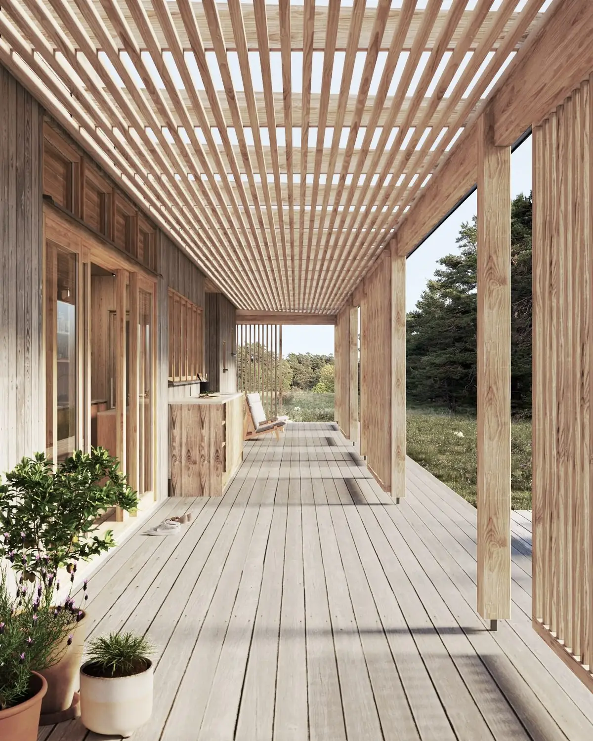 Visualisering: arkitektonisk detalj med spaljétak på ett Öbo Hus